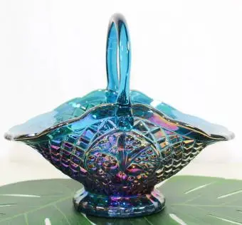 Modrá Vintage karnevalová sklenená misa/kôš s rúčkami a volánovým okrajom