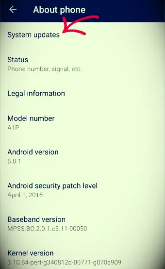 Strona aktualizacji systemu na telefonie z systemem Android