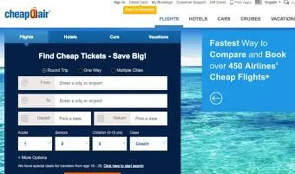 Zrzut ekranu strony głównej Cheapoair.com