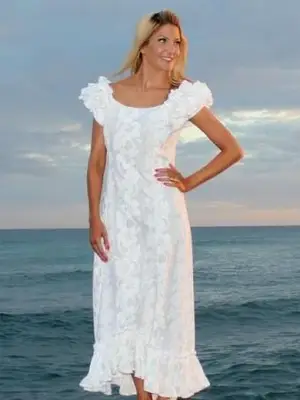 alohafunwear Épaule à volants blanc Hibiscus Muumuu