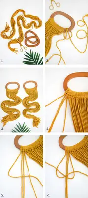 photo 1 - yellow cotton cord, gold scissors, and 2 wooden round shaped handles, photo 2 - yellow cotton cord tied around 1 of the wooden round shaped handles, photo 3- 2 wooden round shaped handles with yellow cotton cord tied around them, photo 4 - close up of yellow cotton cord tired around wooden round shaped handles, photo 5 - wooden round shaped handle with yellow cotton cord tied on it and 4 strings pulled away from it, photo 6 - yellow cotton cord strings being tied together