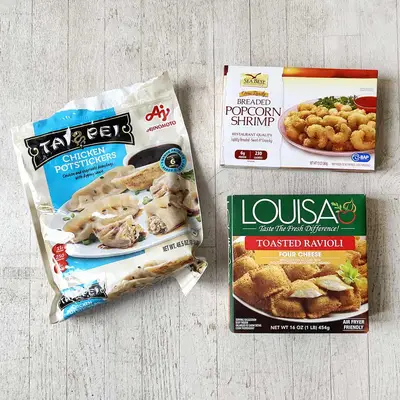 boxes of Tai Pei chicken potstickers, breaded popcorn shrimp, and Louise toasted raviloi