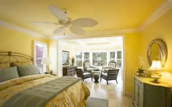 Duża żółta sypialnia główna z oszkloną sypialnią