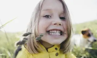 Holčička na louce drží stéblo trávy se zuby