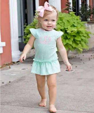 Costume intero da bambina Seersucker Peplum menta