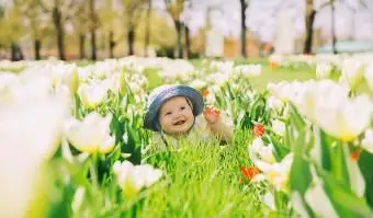 bebê na grama verde do campo de tulipas