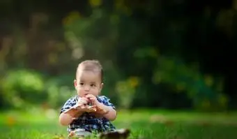 Lindo bebê brinca com uma folha ao sol