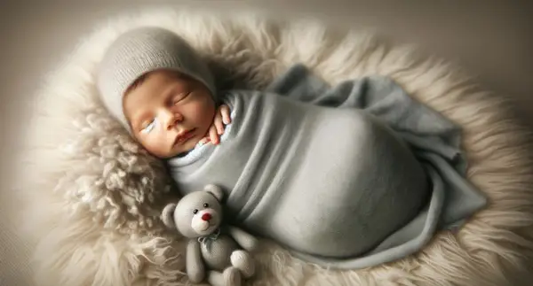 nouveau-né garçon emmailloté dans une couverture avec un jouet