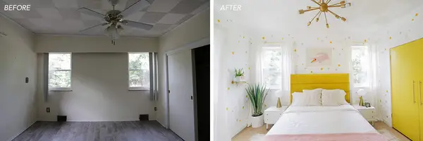 before and after image of bedroom