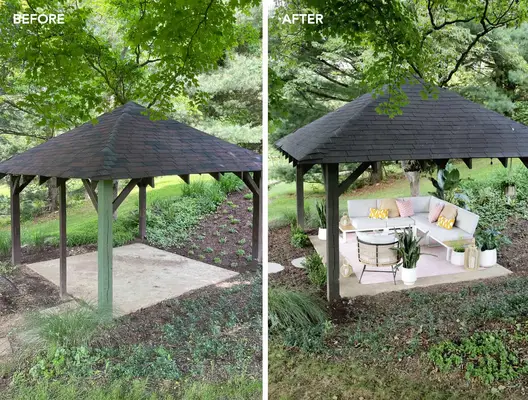before and after of painted shingle pavilion roof