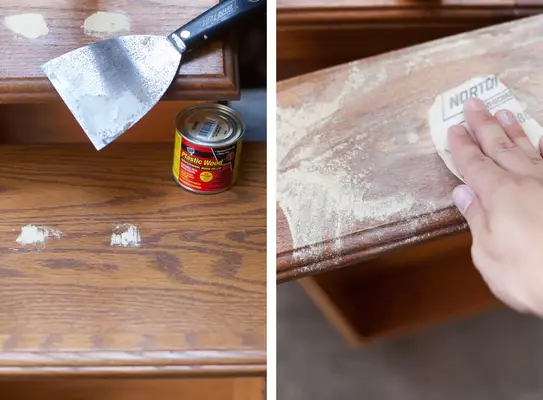 a can of plastic wood filler on top of brown cabinets with a putty knife and a brown cabinet being sanded