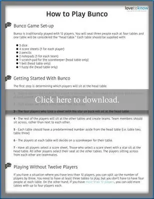 Reglas del juego Bunco imprimibles