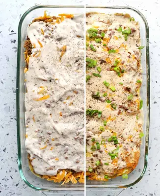 biscuits and gracy casserole, one half uncooked and other half cooked