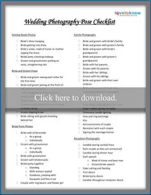 Liste de contrôle de pose de photographie de mariage imprimable
