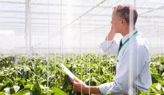 איש עסקים מדבר בטלפון סלולרי בחממה