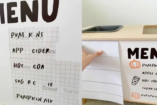 Wallpaper and vinyl being added to play kitchen. 