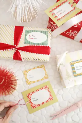 presents wrapped with gift tags attached