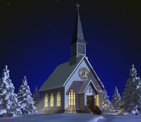 Iglesia de noche en un paisaje nevado con ventanas iluminadas