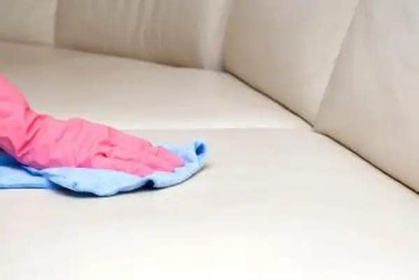 Essuyage canapé en cuir écologique gris clair avec chiffon