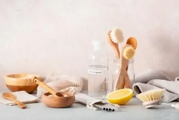 Holzbürsten, Zitrone, Backpulver und Reinigungsessig