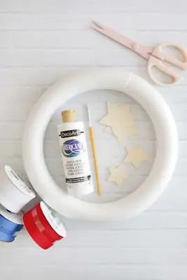 wreath frame, wooden stars, red white and blue paint