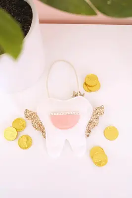 tooth fairy pillow surrounded by chocolate gold coins
