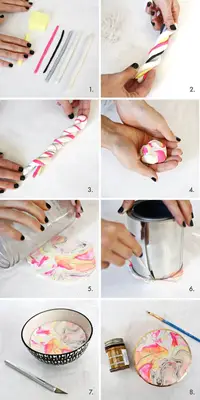 rolled clay of different colors, flattened clay of different colors, flattened clay in a bowl, and finished marbled clay ring dish