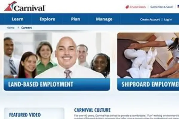 Zrzut ekranu strony internetowej Carnival Cruise Lines Careers
