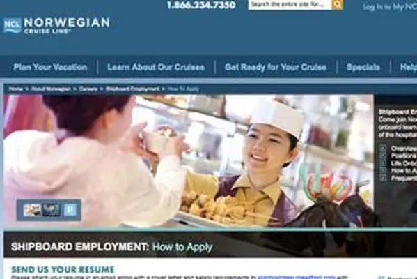 Zrzut ekranu strony internetowej Norwegian Cruise Line Careers