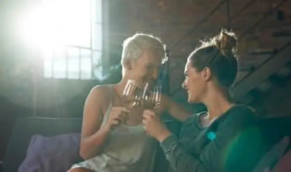 pareja sentada en el sofá, brindando vino