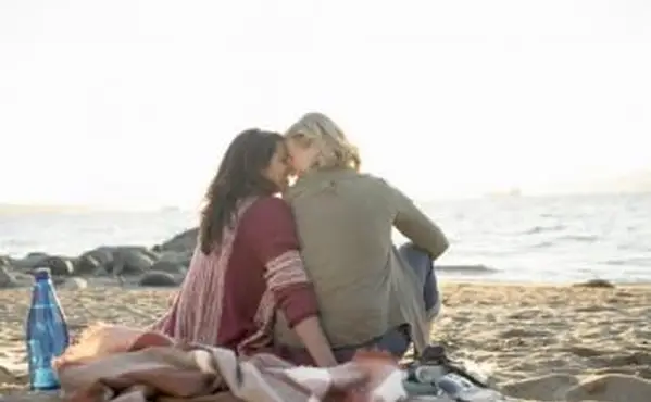 זוג חיבה יושב על שמיכה על חוף הים