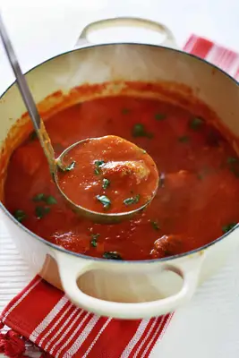 Red Pepper + Tomato Meatball Soup