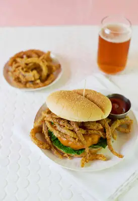 Toasted Sesame + Garbanzo Bean Burgers with Red Onion Straws