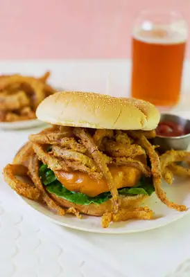 Toasted Sesame + Garbanzo Bean Burgers with Red Onion Straws