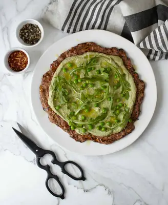 Zucchini Pizza Crust with Lemony Pea Pesto
