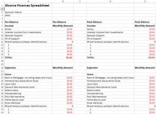 Hoja de cálculo de finanzas de divorcio