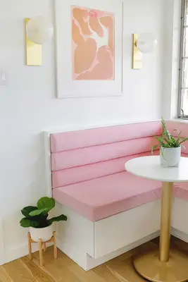 Pink banquette in kitchen corner