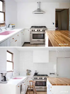 before picture of stove vent with no cover over a stainless stove in a white kitchen and after photo of modern hood vent cover over stainless stove in white kitchen