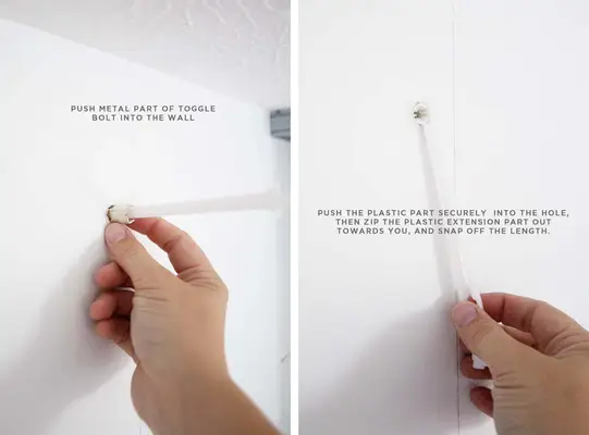 someone pushing mental part of toggle bolt into the wall and securing the plastic part into the hole