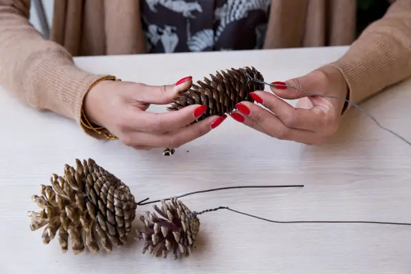 Tying wires around the bottoms of pinecones