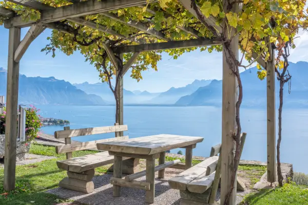 This rustic pergola draws on traditional designs to make the most of the amazing view. Getty Images