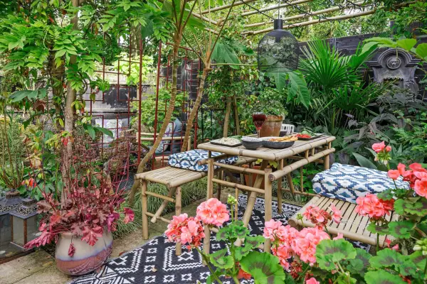 Create a tropical look with bamboo canes, patterned cushions and tropical plants.