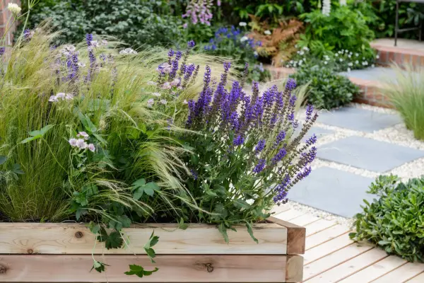 A wooden planter packed with flowers