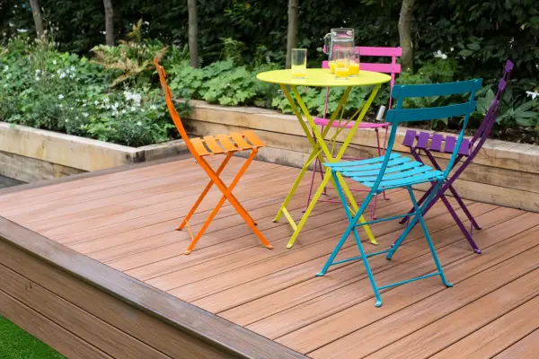 Decking with colourful garden furniture
