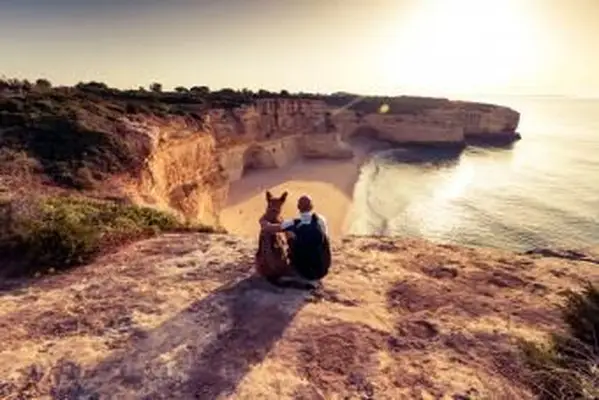 Owczarek niemiecki i mężczyzna patrzący na klify