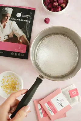 supplies for tea bomb recipe with isomalt in pan