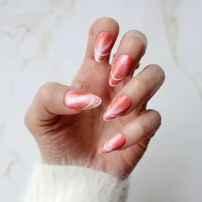 spring easter nails with pink coral cat eye