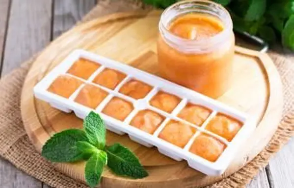 Taca na lód z puree ze świeżych warzyw na drewnianym tle