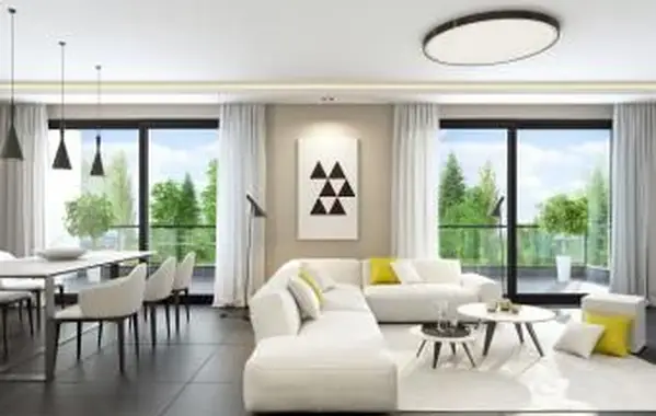 천연 석재 타일로 된 신선하고 현대적인 흰색 스타일의 거실