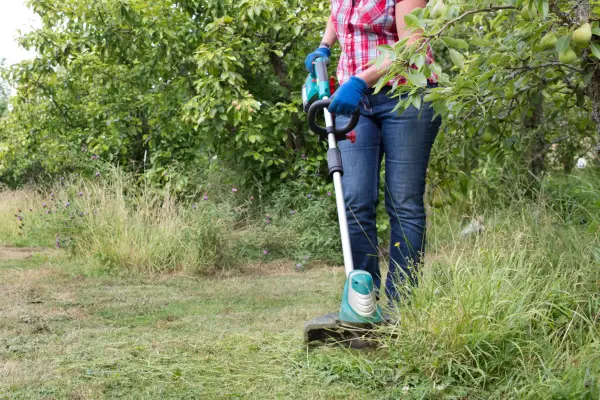Woman strimming long grass